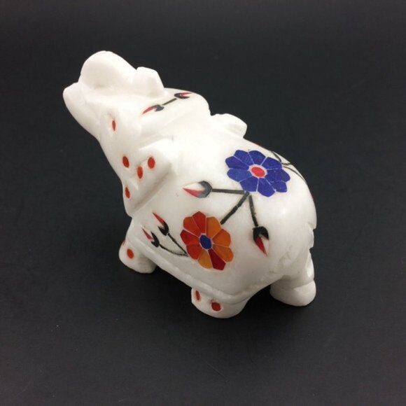 White Marble Elephant Figurine with Stone Inlay Floral Motif Trunk Up Handmade - Picture 2 of 16